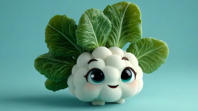 A cartoon cauliflower character with big eyes and a cute smile on a teal background