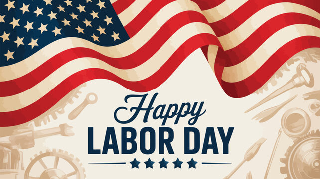 Happy Labor Day banner with American flag, tools, and gears on beige background — honoring workers with patriotic and industrial design