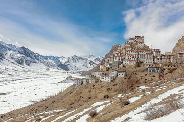 Picturesque view of the Key Gompa Monastery (4166 m) at sunrise. Spiti valley, Himachal Pradesh,...