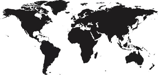 Black and white world map illustration on plain white background