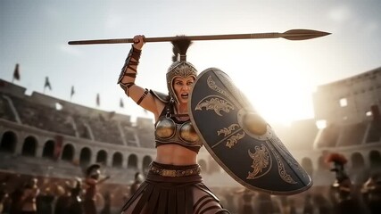 Warrior woman in ancient arena brandishing spear and shield, surrounded by cheering crowd at sunset