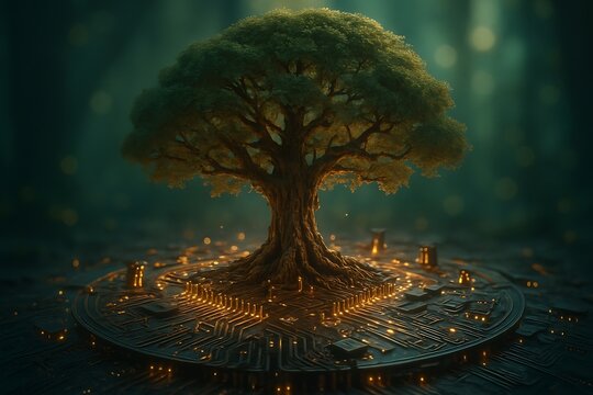 Majestic ancient tree illuminates mystical forest floor with golden light