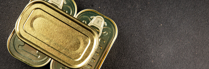 Can tin canned food fish or meat, tin can vegetable fresh delicious gourmet food background on the...