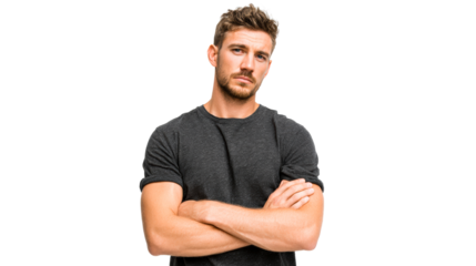 Confident man with arms crossed on white PNG