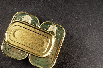 Can tin canned food fish or meat, tin can vegetable fresh delicious gourmet food background on the...