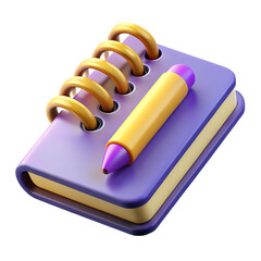 Purple spiralbound notebook with a yellow and purple pen 3D icon style.