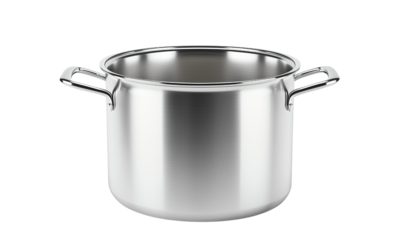 Stainless steel cooking pot with dual handles, featuring a polished finish and a spacious interior for food preparation. isolated on white background and transparent background