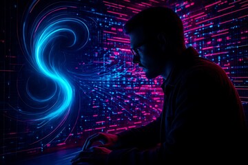 Man silhouetted against a swirling vortex of neon blue and pink digital data streams
