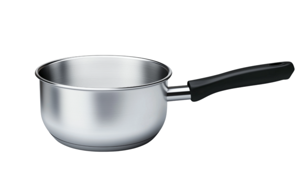 Stainless steel saucepan with a black handle, suitable for cooking and heating various dishes. isolated on white background and transparent background