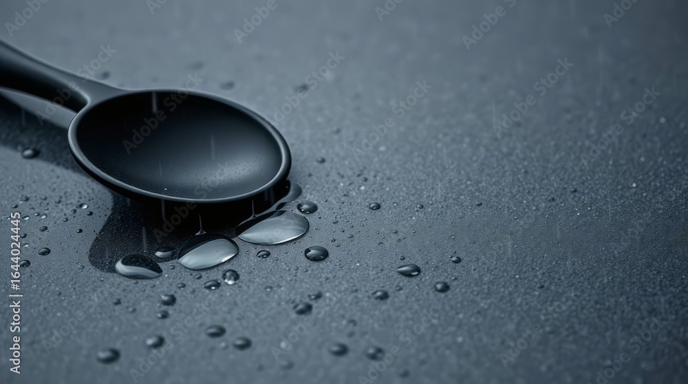 Poster a spoonful of reflection: a sleek, black spoon rests amidst a scattering of droplets, creating a pla
