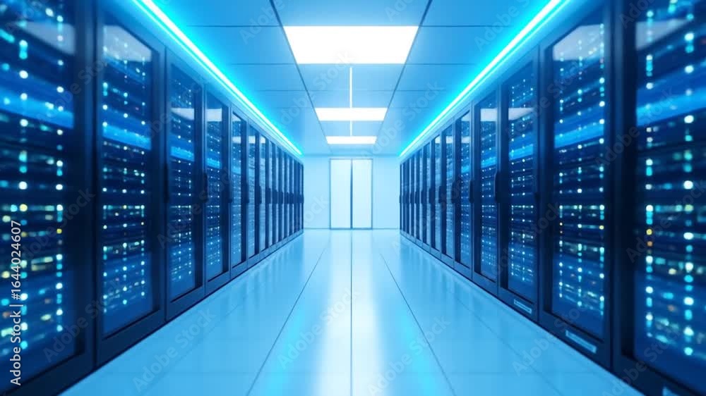 Poster blue lit server room with rows of racks and data storage in a futuristic data center offering cybers