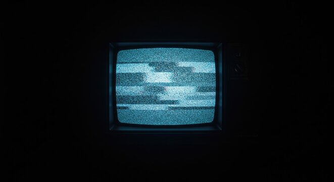 Vintage Television Glowing with Hypnotic Blue Static in Pitch Darkness