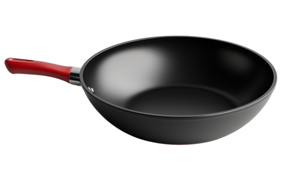 A sleek, black frying pan with a vibrant red handle, ideal for cooking and sautéing various dishes. isolated on white background and transparent background