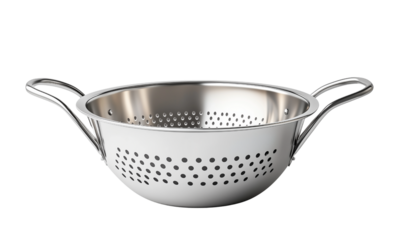 Stainless steel colander with perforated design and two handles for straining liquids from food. isolated on white background and transparent background