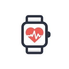 Smartwatch illustration with heart rate monitor symbol.