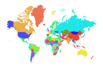 Colorful world map vector with countries and continents in vibrant shades. Perfect for education, travel, infographics, posters, and global business designs. Fully editable high-quality file.
