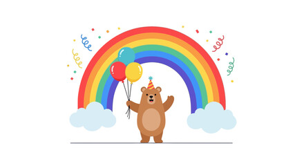 Obraz premium Cheerful birthday bear illustration with rainbow, balloons and confetti background