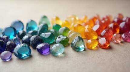 Rainbow polished gemstones flat lay,