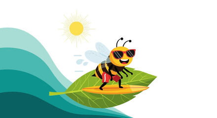 Cheerful Cartoon Bee Surfing on a Leaf in a Sunny Ocean Setting Illustration