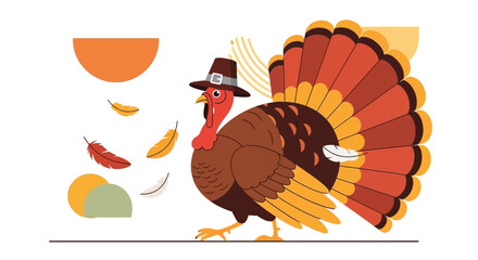 Cartoon illustration of a turkey wearing a pilgrim hat for Thanksgiving holiday celebration festive background illustration