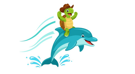 Naklejka premium Cartoon illustration of a turtle wearing a cowboy hat riding a dolphin through the ocean water