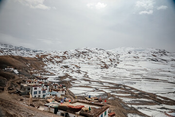 Picturesque view of the Key Gompa Monastery (4166 m) at sunrise. Spiti valley, Himachal Pradesh, India.