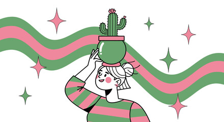 Naklejka premium Cartoon illustration of a woman balancing a potted cactus on her head with style