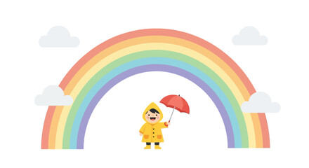 Obraz premium Cheerful cartoon illustration featuring a child with umbrella under a rainbow sky