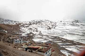 Picturesque view of the Key Gompa Monastery (4166 m) at sunrise. Spiti valley, Himachal Pradesh, India.