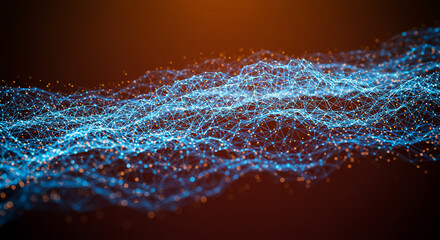 Abstract digital wave of interconnected blue and orange particles flowing across a dark background, representing data or technology.
