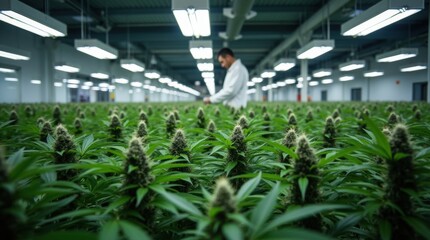 Cannabis cultivation facility with workers and LED grow