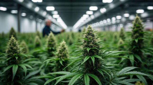 Cannabis cultivation facility with workers and LED grow - Powered by Adobe