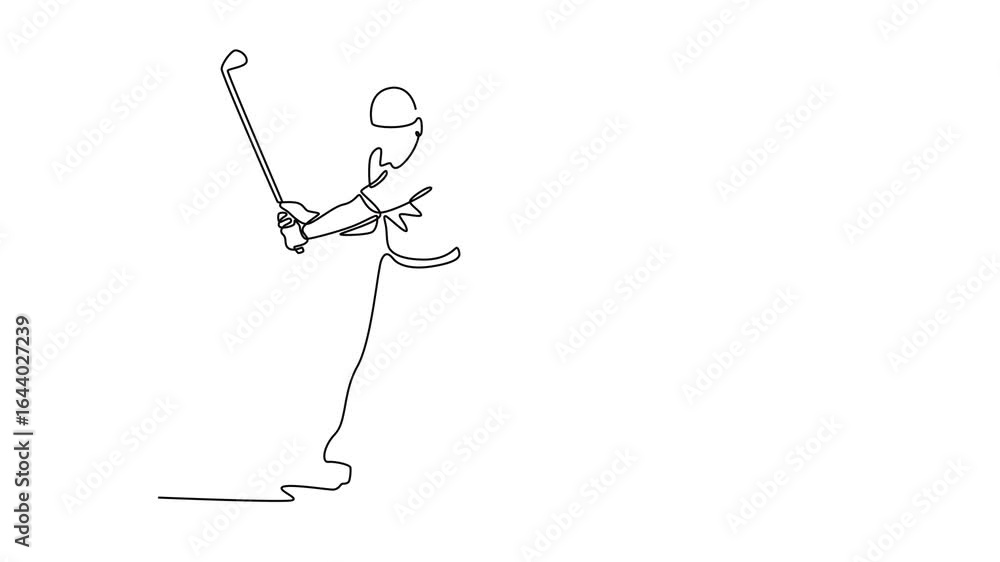 Poster animated self drawing of continuous line draw man golfer executing a golf swing, emphasizing the mov