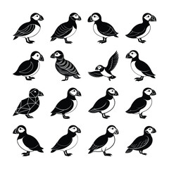 Fototapeta premium Puffin Bird Silhouette Vector Bundle – Arctic Seabird Clipart Set for Wildlife and Nature Designs