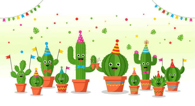 Celebrate with cheerful cartoon cacti in pots, adorned with party hats and decorations for a fun and festive occasion