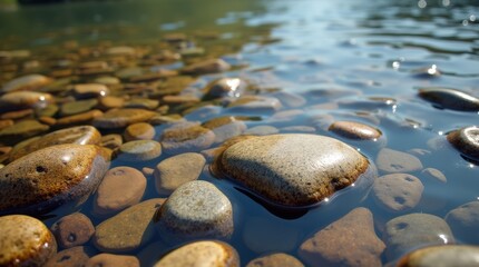 Colorful river pebbles under clear water