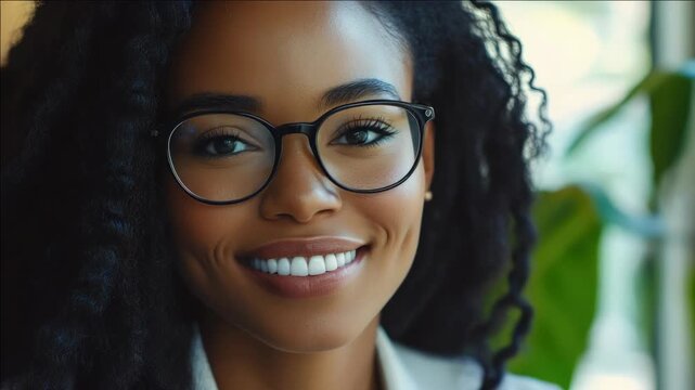 A young, smiling African American woman wearing glasses in professional attire. She's confident and poised, with a pleasant and welcoming expression.