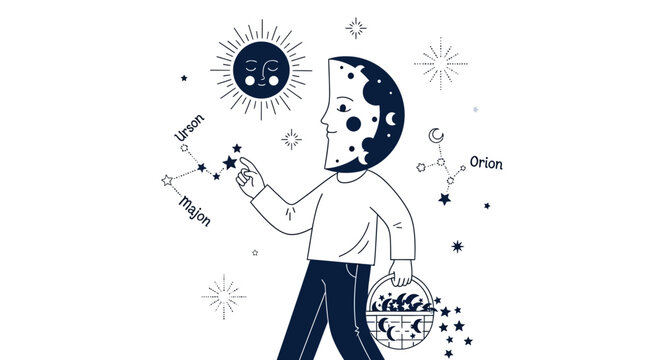 Celestial Dreamer: Moon Person Collecting Stars Under the Sun and Constellations