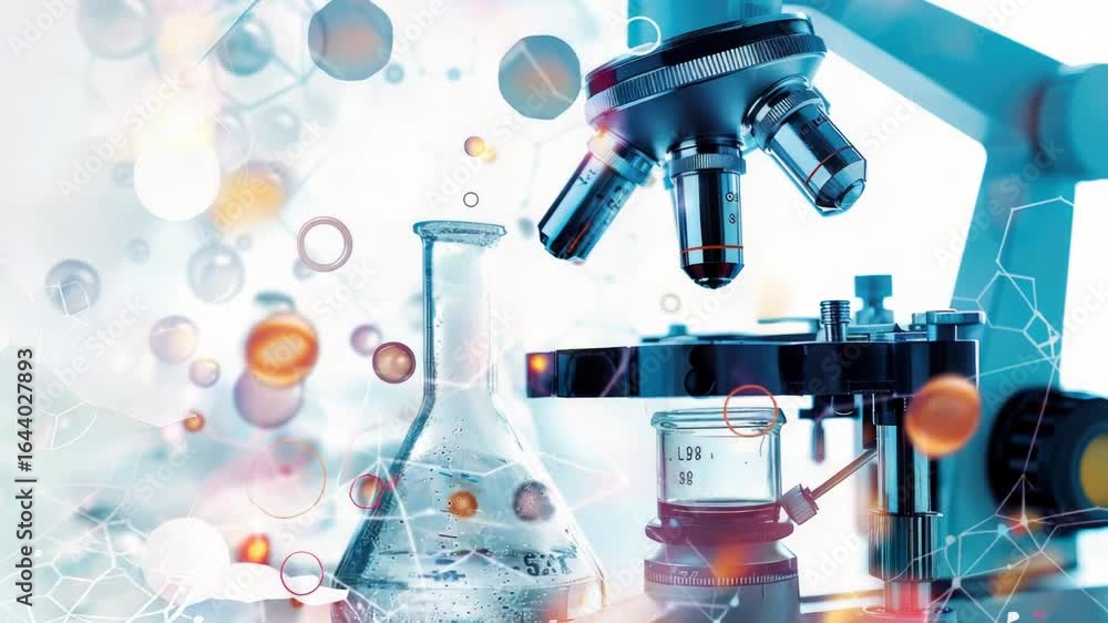 Poster microscope and flask filled with liquid for scientific experiments or demonstrations