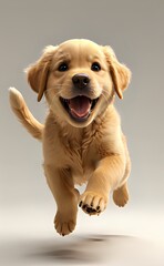 Ecstatic Golden Retriever Puppy Leaping Forward with a Joyful Smile.