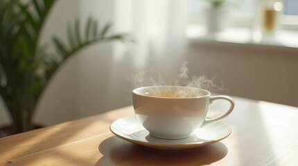 Cup of hot steaming water on table