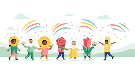 Fototapeta premium Children's Spring Flower Parade Celebration with Colorful Costumes and Rainbows illustration