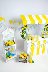 Lemonade Stand Setup with Yellow and Blue Decorations