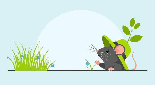 Charming cartoon illustration featuring a mouse wearing a whimsical hat amidst nature elements