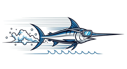 Cartoon marlin character with goggles swimming fast with water splash vector illustration