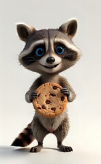 Charming 3D Raccoon with Big Blue Eyes Gleefully Holds a Giant Chocolate Chip Cookie.