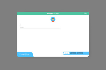 Email window template, new message blue interface mockup design. Computer desktop screen of mail isolated. Internet webpage illustration with icons. UI design template