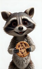 Adorable 3D Raccoon with Expressive Eyes Joyfully Holding a Chocolate Chip Cookie.