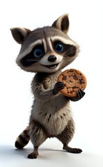 Charming Blue-Eyed Cartoon Raccoon Happily Holding a Chocolate Chip Cookie Treat.