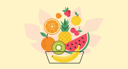 Colorful and vibrant fruit basket illustration showcasing a variety of fresh fruits on pastel background